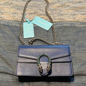 Tiffany & Fred Blue Crossbody Bag with Chain and Embellished Clasp